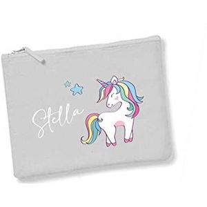 Cosmetische tas voor kinderen, met naam en eenhoorn, regenboog, gepersonaliseerde make-uptas, toilettas voor meisjes, 28 x 19 cm met ritssluiting, grijs