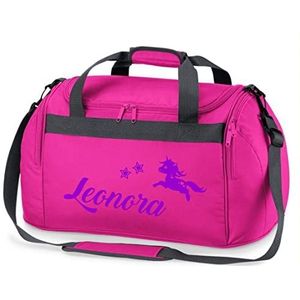 minimutz Sporttas meisjes met naam | springende eenhoorn en sterren | personaliseerbare en bedrukte reistas duffle weekendtas, roze