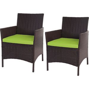 Set van 2 poly rotan tuinstoelen Halden, rieten fauteuils ~ bruin-gemarmerd, groene kussens