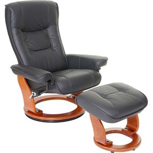 MCA relaxfauteuil Hamilton, TV fauteuil kruk, echt leer 130kg draagvermogen ~ zwart, honingkleurig
