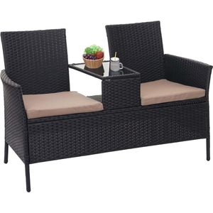 Poly-rattan bank met tafel MCW-E24, tuinbank zitgroep tuinbank, 132cm ~ zwart, kussens crème