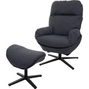 Relaxfauteuil + hocker MCW-L12, TV-fauteuil schommelstoel, draaifunctie, metaal stof/textiel ~ donkergrijs