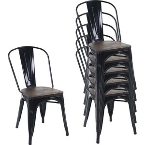 Set van 6 stoelen MCW-A73 incl. houten zitting, bistrostoel stapelstoel, metalen industrieel ontwerp stapelbaar ~ zwart