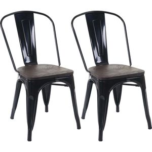 Set van 2 stoelen MCW-A73 incl. houten zitting, bistrostoel stapelstoel, metalen industrieel ontwerp stapelbaar ~ zwart