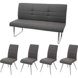 Set van 4x eetkamerstoel+bank MCW-G55, bank keukenstoel stoel, stof/textiel roestvrij staal ~ grijs-bruin bank 160cm