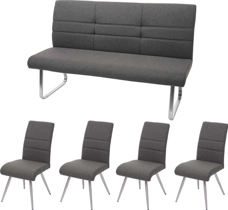 Set 4x Esszimmerstuhl+Sitzbank MCW-G55, Bank Küchenstuhl Stuhl, Stoff/Textil Edelstahl ~ grau-braun Bank 160cm
