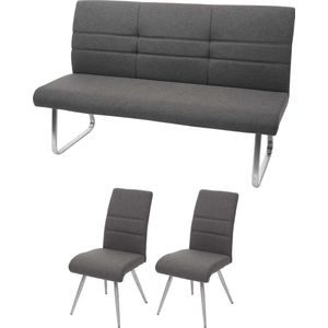 Set 2x eetkamerstoel + bankje MCW-G55, bankje keukenstoel stoel, stof/textiel roestvrij staal ~ grijsbruin bankje 160cm