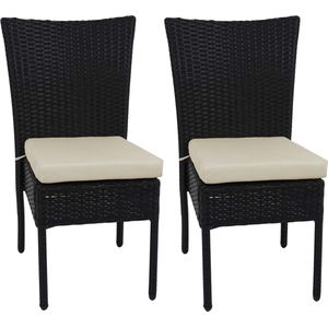 Set van 2 polyrotan stoelen MCW-G19, balkonstoel tuinstoel, stapelbaar ~ zwart, crèmekleurige kussens