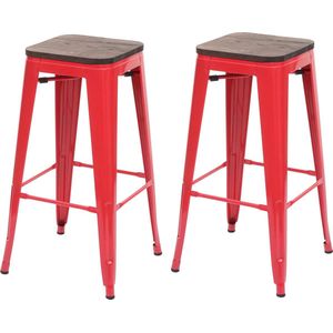 Set van 2 barkrukken MCW-A73 incl. houten zitting, barkruk tegenkruk, metaal industrieel ontwerp stapelbaar ~ rood