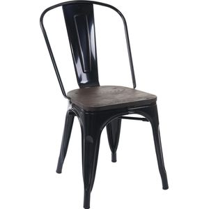 Stoel MCW-A73 incl. houten zitting, bistrostoel stapelstoel, metalen industrieel ontwerp stapelbaar ~ zwart