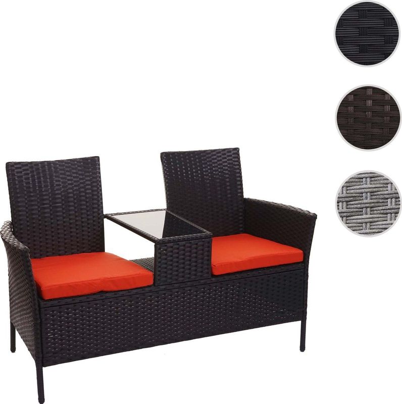 Poly-Rattan Sitzbank mit Tisch MCW-E24, Gartenbank Sitzgruppe Gartensofa, 132cm ~ schwarz, Kissen terracotta