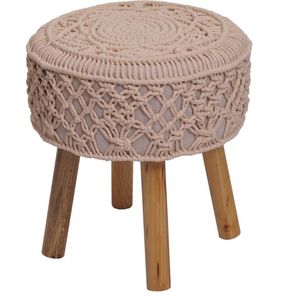 Kruk MCW-J43, gebreide poef, 45x41cm rond macramé/gebreide stof/textiel ~ crème-beige