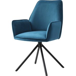 Eetkamerstoel MCW-G67, keukenstoel Stoel met armleuning, draaibare autostand, fluweel MVG ~ turquoise-blauw, zwarte poten