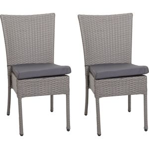 Set van 2 polyrotan stoelen MCW-G19, balkonstoel tuinstoel, stapelbaar ~ grijs, donkergrijze kussens