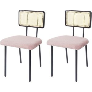 Set van 2 eetkamerstoelen MCW-K88, armstoel stoel, hout poly-rattan metaal bouclé ~ stof/textiel roze
