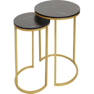 Set van 2 bijzettafels MCW-K46, salontafel nachtkastje loungetafel, marmeren look MDF ~ zwart-goud