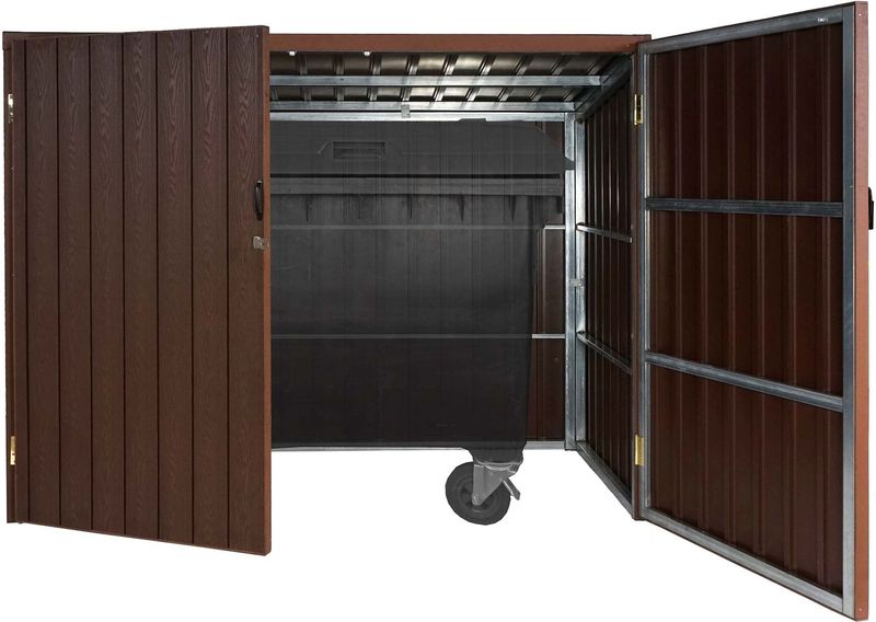 Mülltonnenverkleidung MCW-J29, Mülltonnenbox für Müllcontainer 660-1100L, WPC Metall 172x213x160cm ~ braun