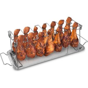 Navaris kippenvleugelrooster voor de BBQ – Kippenpotenhouder met opvangschaal – Grill- en barbequeaccessoire voor 14 kipdelen – Roestvrij staal