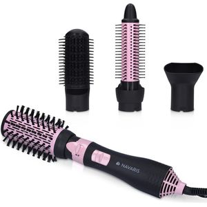 Navaris hot air styling haarborstel - Ronde warmeluchtborstel - Met intrekbare borstelharen - 4 opzetstukken - Zwart/roze