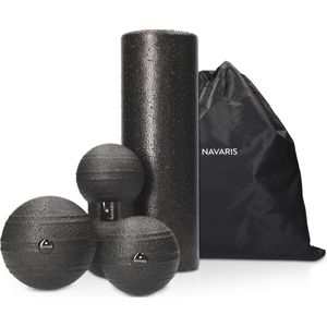 Navaris Fascia massagebal 4 stuks - 3 massageballen en 1 roller voor rug, voet en schouders - In verschillende vormen - Triggerpoint training - Zwart