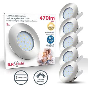 B.K.Licht - LED Inbouwspots badkamer - 5 stuks - dimbaar - badkamerlamp  - ronde - spotjes inbouw - IP44 - Ø7.5cm - 3.000K - 450Lm - 5.5W - nikkel