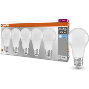Osram Base Classic A LED-lamp, E27, niet dimbaar, koudwit, vervangt conventionele 60W gloeilamp, 5 stuks