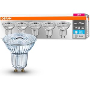 OSRAM Set van 5 PAR16 ledlampen, GU10, niet dimbaar, koud wit, vervangt traditionele 35 W gloeilamp, 36° stralingshoek