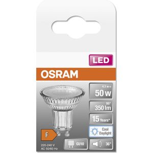 OSRAM LED reflectorlamp, Base: GU10, Cool Daglicht, 6500 K, 4,30 W, vervanging voor 50 W reflectorlamp, niet relevant, LED STAR PAR16 1 pak