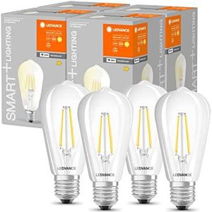 LEDVANCE Intelligente ledlamp met wifi-technologie, E27-fitting, dimbaar, warm wit (2700 K), vervangt gloeilampen door 60 W, Smart WiFi Edison dimbaar, 4 stuks