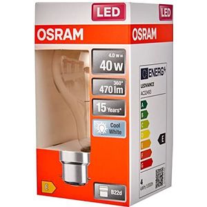 OSRAM LED lamp, Base: B22d, Cool White, 4000 K, 4 W, vervanging voor 40 W gloeilamp, helder, LED Retrofit CLASSIC A Set van 6