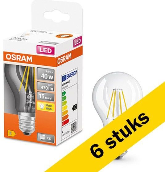 6x Osram LED lamp E27 | Peer A60 | Filament | Helder | 2700K | 4W (40W)