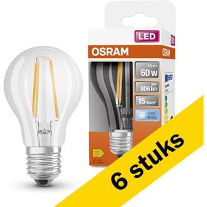 6x Osram LED lamp E27 | Peer A60 | Filament | Helder | 4000K | 6.5W (60W)