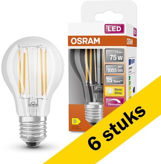 Osram - E27 Led Lamp - 7.5 Watt - Dimbaar - Warm-Wit Licht - Set van 6