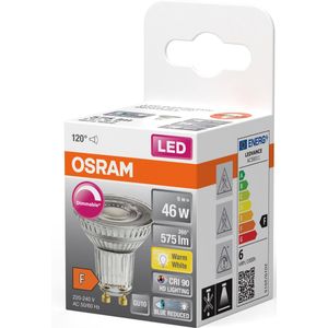 OSRAM Superstar dimbare LED lamp met bijzonder hoge kleurweergave (CRI9-), GU1-basis helder glas ,Warm wit (27-K), 575 Lumen, substituut voor 46W-verlichtingsmiddel dimbaar, 1-Pak