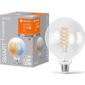 LEDVANCE SMART+ WIFI LED lamp, wit glas, 8W, 806lm, bolvorm met 125mm diameter & E27 voet, verstelbaar wit licht (2700-6500K), dimbaar, app of spraakbediening, 15.000 uur levensduur