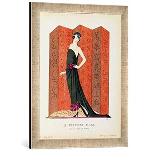 Ingelijste afbeelding van French School ""Gazette du Bon Ton: No.10, Le Paravent Rouge, evening dress designed by Worth, 1921"", kunstdruk in hoogwaardige handgemaakte fotolijst, 40x60 cm, zilver raya