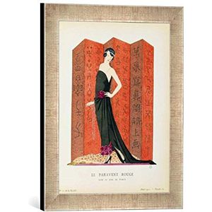 Ingelijste afbeelding van French School ""Gazette du Bon Ton: No.10, Le Paravent Rouge, evening dress designed by Worth, 1921"", kunstdruk in hoogwaardige handgemaakte fotolijst, 30x40 cm, zilver raya