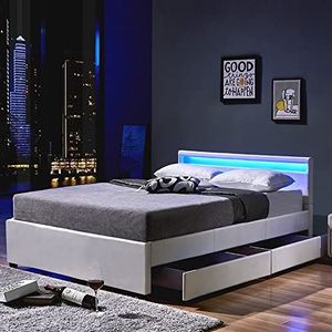 Home Deluxe - LED bed NUBE - wit, 140 x 200 cm - incl. lattenbodem en schuifladen I gestoffeerd bed design bed incl. verlichting