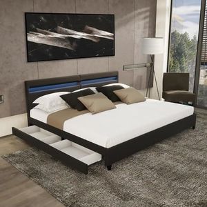 Home Deluxe - LED bed NUBE - zwart, 200 x 200 cm - incl. matras, lattenbodem en laden I gestoffeerd bed design bed incl. verlichting