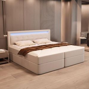 Home Deluxe - Boxspringbed ZENOVA - 140 x 210 x 106 cm, beige, incl. H2/H3 matrassen, gewatteerd hoofdeinde incl. LED-verlichting I tweepersoonsbed comfort bed