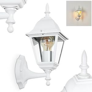 Buitenwandlamp Naofe, wandlamp omhoog van metaal/glas in wit/helder, wandlamp in klassieke landelijke stijl, buitenlamp voor terras, 1 x E27, zonder gloeilamp, IP44