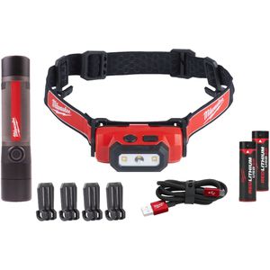 MILWAUKEE 4933492105 L4FMLED + L4HL. Inclusief 4 clips voor casco. Se suministra con 2 baterías L4B3 y kabel micro USB, en blíster power type, Multicolor