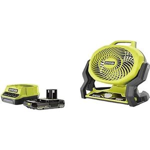 Ryobi - Stille ventilator – 18 V – diameter 19 cm – kop zwenkbaar – 3 snelheden 2100/1300/700 rpm, levering met 2 Ah accu en oplader – RF18-1C20GZL