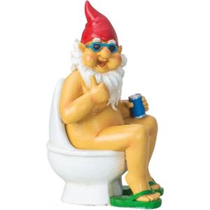 Tuinkabouter beeld Happy Nudist - Polystone - op het toilet - 15 x 25 cm - Origineel fun kado - Stoute kabouters
