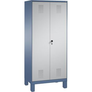 C+P EVOLO opbergkast, met naar elkaar toe slaande deuren en poten, 2 afdelingen, 8 legborden, vakbreedte 400 mm, verblauw / blank aluminiumkleurig