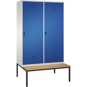 C+P EVOLO garderobekast, met zitbank, deur over 2 afdelingen, 4 afdelingen, 2 deuren, afdelingbreedte 300 mm, lichtgrijs/gentiaanblauw