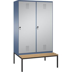 C+P EVOLO garderobekast, met zitbank, deur over 2 afdelingen, 4 afdelingen, 2 deuren, afdelingbreedte 300 mm, verblauw / blank aluminiumkleurig