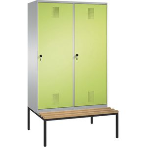 C+P EVOLO garderobekast, met zitbank, deur over 2 afdelingen, 4 afdelingen, 2 deuren, afdelingbreedte 300 mm, blank aluminiumkleurig / felgroen