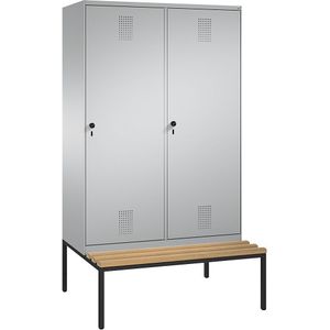 C+P EVOLO garderobekast, met zitbank, deur over 2 afdelingen, 4 afdelingen, 2 deuren, afdelingbreedte 300 mm, blank aluminiumkleurig / blank aluminiumkleurig