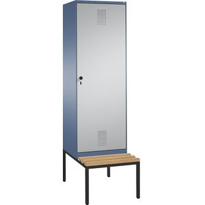 C+P EVOLO garderobekast, met zitbank, deur over 2 afdelingen, 2 afdelingen, 1 deur, afdelingbreedte 300 mm, verblauw / blank aluminiumkleurig